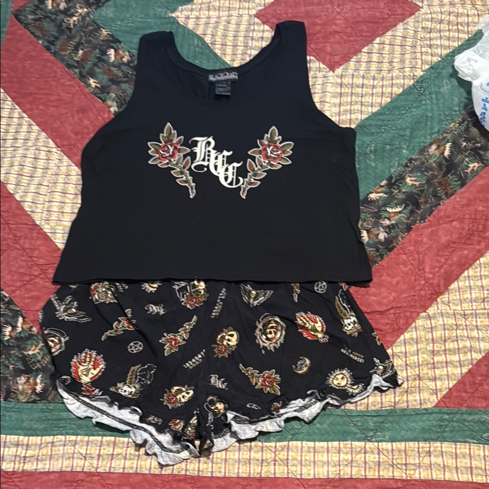 Black Rose Gold Embroidered Pajama Set